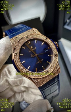 Hublot Classic Fusion Diamonds Rose Gold Steel Blue Dial Swiss Replica Watch 1:1 Mirror Quality