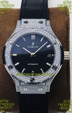 Hublot Classic Fusion Diamonds Steel Black Dial 38MM Swiss Replica Watch 1:1 Mirror Quality