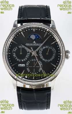 Jaeger LeCoultre Super Clone Master Ultra-Thin Perpetual Calendar Grey Dial Diamonds Watch