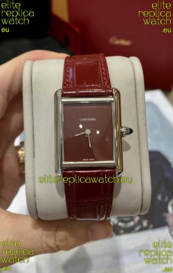 Must De Cartier Tank Edition Watch in 904L Stainless Steel Casing Maroon Dial
