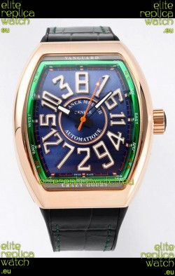 Franck Muller Vanguard Crazy Hours in Rose Gold Plating - Steel Blue Dial Swiss Replica Watch 