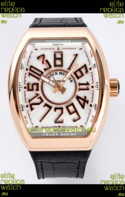 Franck Muller Vanguard Crazy Hours in Rose Gold Plating - White Dial Swiss Replica Watch 