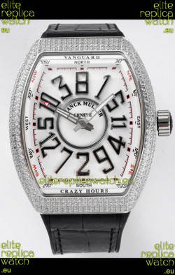 Franck Muller Vanguard Crazy Hours in Stainless Steel Diamonds - White Dial Swiss Replica Watch 
