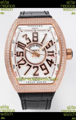 Franck Muller Vanguard Crazy Hours Rose Gold Diamonds - White Dial Swiss Replica Watch 