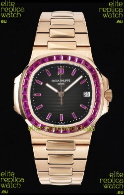 Patek Philippe Nautilus 5711 Black Dial 1:1 Mirror Replica in Rose Gold 904L Steel with Rubies Bezel
