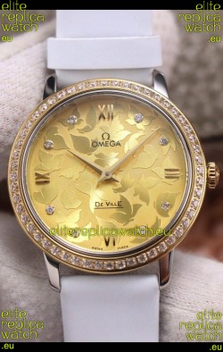 Omega De Ville Floral Dial Swiss Quartz Movement in Two Tone Casing - Gold Dial