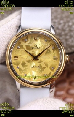 Omega De Ville Floral Dial Swiss Quartz Movement in Two Tone Casing - Gold Dial