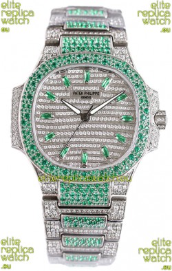 Patek Philippe Nautilus 7118R 35MM 1:1 Green Diamonds Paved Watch in Steel Casing 