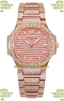 Patek Philippe Nautilus 7118R 35MM 1:1 Diamonds Paved Watch in Rose Gold Casing
