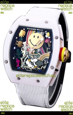 Richard Mille RM088 Smiley Tourbillon White Ceramic Casing Nylon Strap Replica Watch 