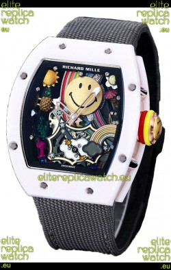 Richard Mille RM088 Smiley Tourbillon White Ceramic Casing Grey Nylon Strap Replica Watch 