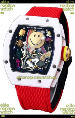 Richard Mille RM088 Smiley Tourbillon White Ceramic Casing Red Nylon Strap Replica Watch 