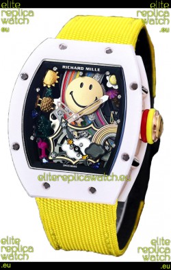 Richard Mille RM088 Smiley Tourbillon White Ceramic Casing Yellow Nylon Strap Replica Watch 