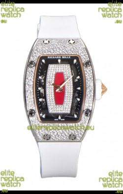 Richard Mille RM007 Diamonds Paved White Strap Red Dial 904L Steel Superclone Swiss Watch