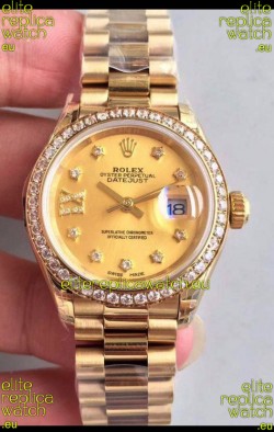 Rolex Datejust Ladies 28MM Cal.3135 Movement Swiss Replica in Gold Dial - 904L Steel Yellow Gold Case