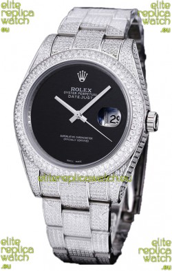 Rolex Datejust 41MM Swiss Replica - Iced Out Edition in Black Dial 