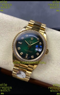 Rolex Day Date Super Clone Yellow Gold Green Dial Diamonds Numerals Watch 36MM - 1:1 Mirror Quality