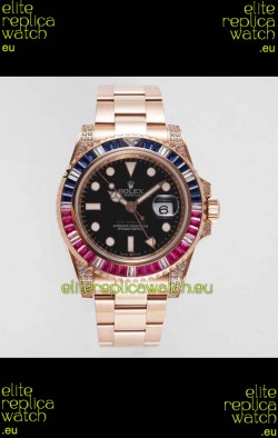 Rolex GMT Masters II Diamonds Swiss watch with Rose Gold 904L Case - 1:1 Mirror Quality 