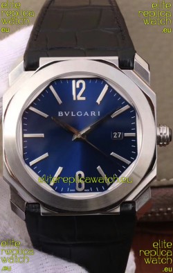 Bvlgari Octo Roma Edition 1:1 Mirror Replica in 904L Steel Casing - Deep Blue Dial Leather Strap