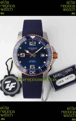 Longines HydroConquest 1:1 Swiss Replica Watch in Blue Dial Rubber Strap Rose Gold Bezel