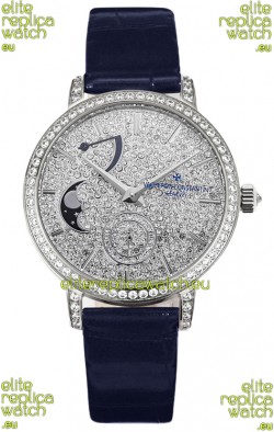 Vacheron Constantin Traditionelle Moon Phase Diamond Paved Dial in White Gold Swiss Replica