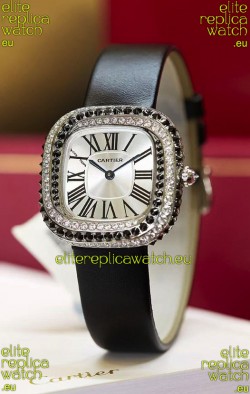 Coussin De Cartier Steel Watch Swiss Replica Watch Black Strap 
