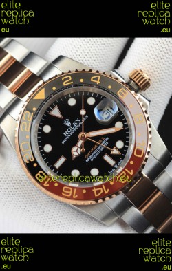 Rolex GMT Masters II 2 Tone Rose Gold Plating Japanese Replica Watch Black Dial