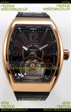 Franck Muller V45 Tourbillon Rose Gold Black Dial Brown Leather Super Clone Watch 