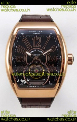 Franck Muller V45 Tourbillon Rose Gold Black Dial Black Leather Super Clone Watch 