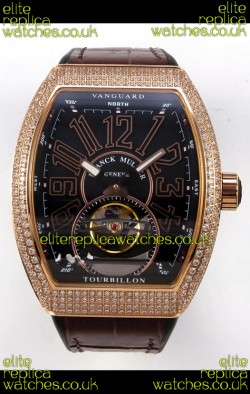 Franck Muller V45 Tourbillon Rose Gold Diamonds Brown Strap Super Clone Watch 