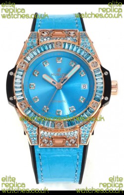 Hublot Big Bang One Click moissanite Rose Gold Super Clone Watch Blue Dial 
