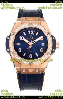 Hublot Big Bang One Click moissanite Bezel Rose Gold Super Clone Watch Blue Dial