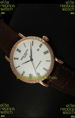 Patek Philippe Calatrava 5120 Swiss Replica Watch in Pink Gold Casing - Roman Hours