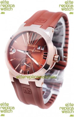 Ulysse Nardin Executive Dual Time Japanese Replica Rose Gold Watch in Brown Dial