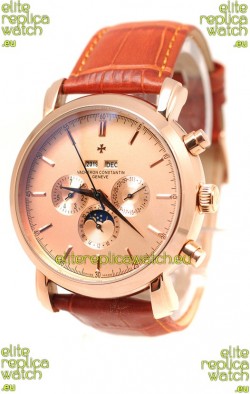 Vacheron Constantin Malte Perpetual Chronograph Japanese Replica Watch in Brown Strap