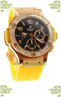 Hublot Big Bang Swis Watch Yellow Strap Black Dial Pink Gold Case