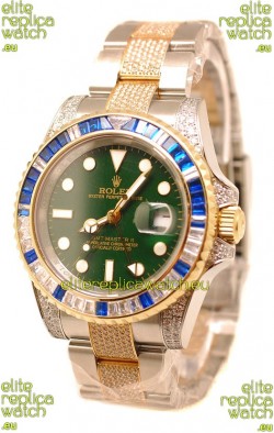 Rolex GMT Masters II 2011 Edition Swiss Replica Two Tone Watch with Diamonds Casing and Bezel
