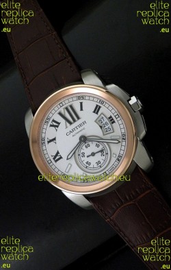 Cartier Calibre de Japanese Replica Steel Watch in Brown Leather Strap