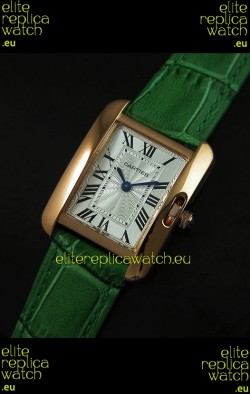Cartier Louis Japanese Replica Ladies Rose Gold Watch in Green Strap
