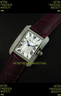 Cartier Louis Japanese Replica Ladies Diamond Watch in Brown Strap