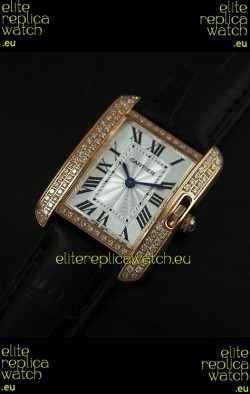Cartier Louis Japanese Replica Ladies Rose Gold Diamond Watch in Black Strap