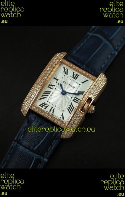Cartier Louis Japanese Replica Ladies Rose Gold Diamond Watch in Blue Strap