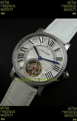 Cartier Ronde de Tourbillon Japanese Replica Diamond Watch in White Strap