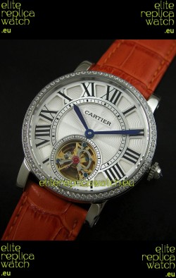 Cartier Ronde de Tourbillon Japanese Replica Diamond Watch in Brown Strap