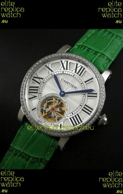Cartier Ronde de Tourbillon Japanese Replica Diamond Watch in Green Strap
