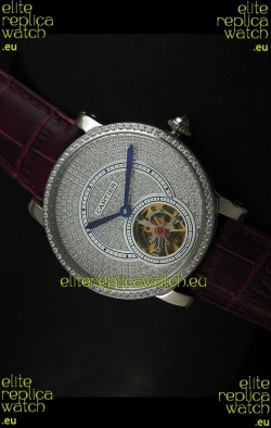 Cartier Ronde de Tourbillon Japanese Replica Diamond Watch in Purple Strap