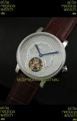 Cartier Ronde de Tourbillon Japanese Replica Diamond Watch in Brown Strap