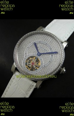 Cartier Ronde de Tourbillon Japanese Replica Diamond Watch in White Strap