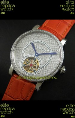 Cartier Ronde de Tourbillon Japanese Replica Diamond Watch in Orange Strap