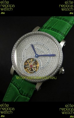 Cartier Ronde de Tourbillon Japanese Replica Diamond Watch in Green Strap